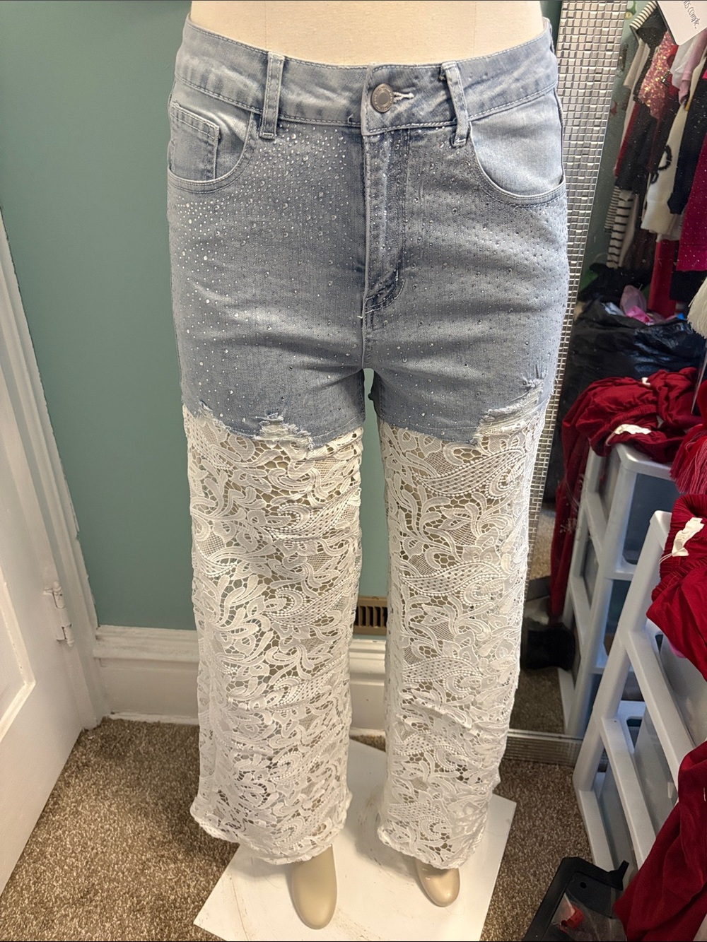 Women's Light Blue Denim Flare Jeans with White Lace Panels